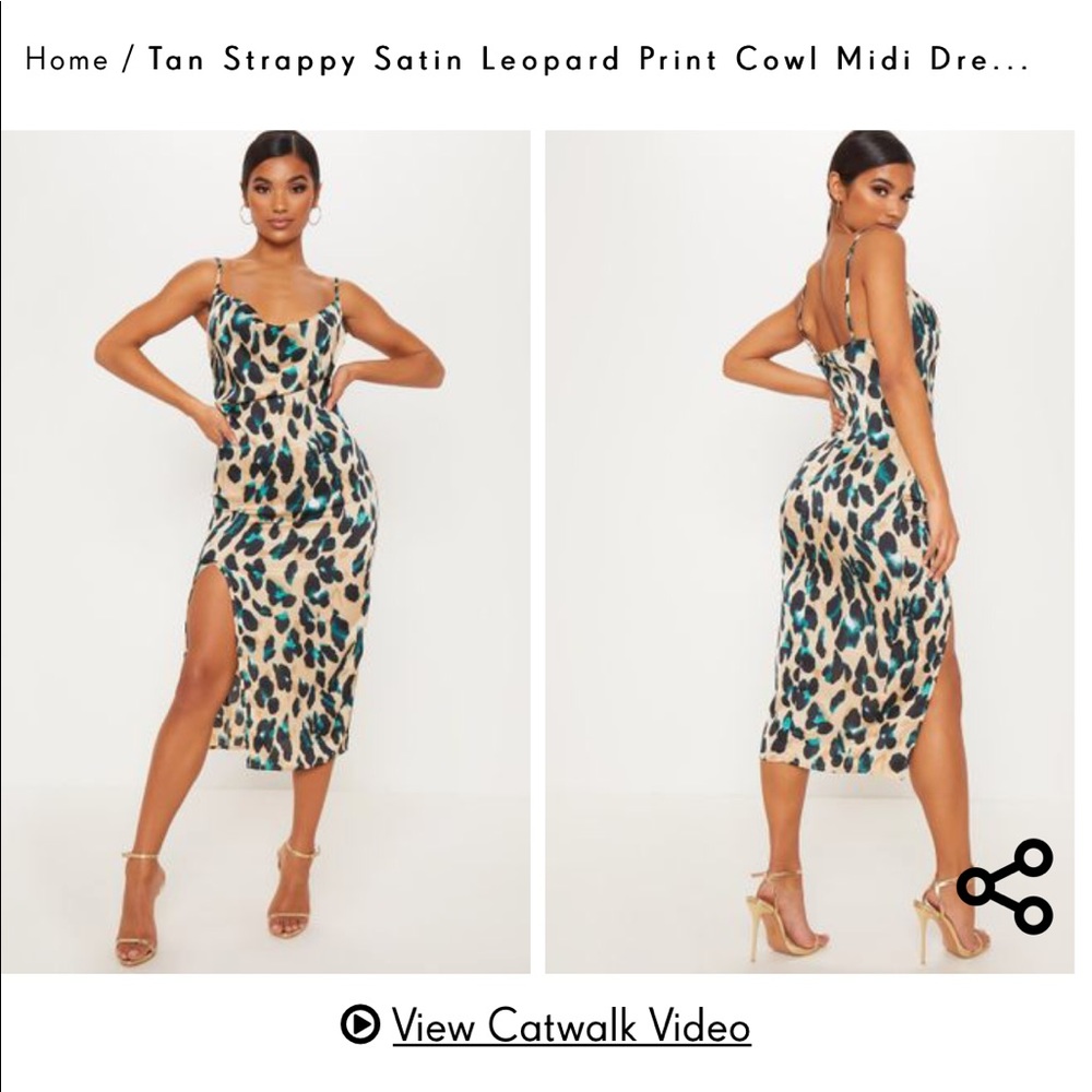 PLT - Tan Satin Leopard Print Cowl Midi Dress